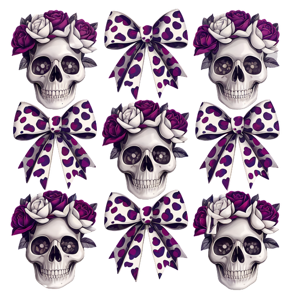 Un patrón vibrante y caprichoso que presenta calaveras adornadas con flores y lazos de lunares, combinando elementos góticos y divertidos.