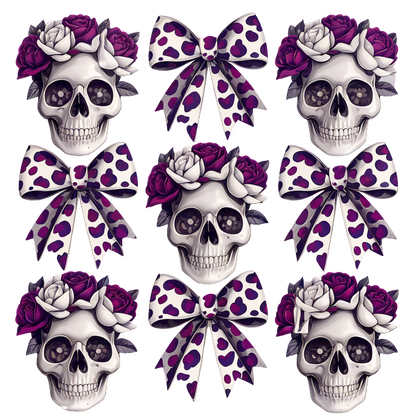 Un patrón vibrante y caprichoso que presenta calaveras adornadas con flores y lazos de lunares, combinando elementos góticos y divertidos.