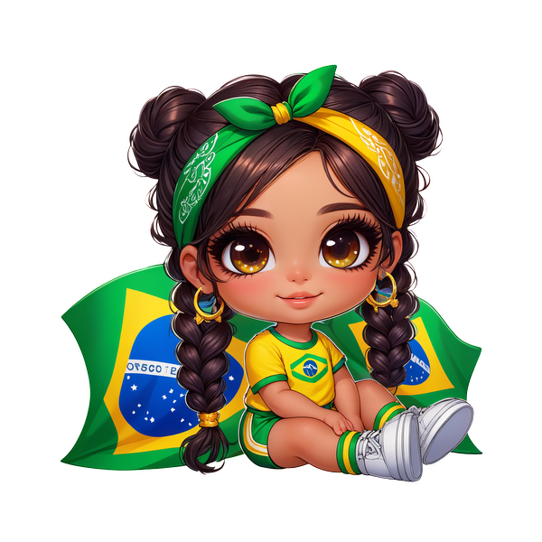 Una linda chica de estilo chibi que viste una camiseta amarilla brillante de Brasil se sienta con banderas verdes y amarillas, mostrando el orgullo nacional. Transferencias DTF