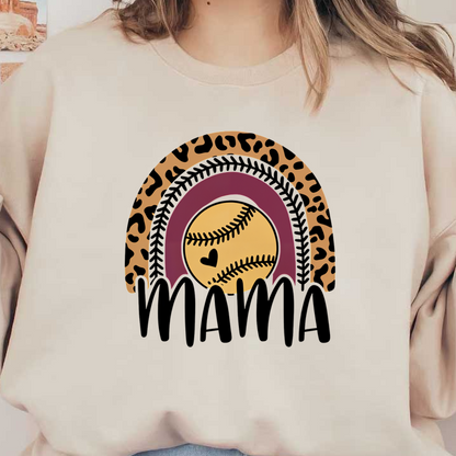 Una ilustración colorida y divertida de un arcoíris con estampado de leopardo y una pelota de béisbol en el centro, rematada con la inscripción "Mamá". Transferencias DTF