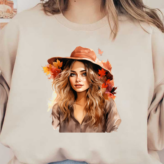 A beautiful young woman with wavy hair, wearing a wide-brimmed hat adorned with autumn leaves, exuding a warm, seasonal vibe. dtf prints