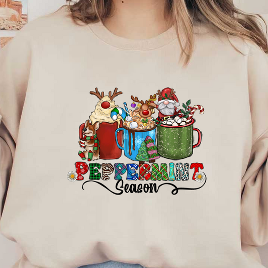 Cozy and festive, this illustration features colorful mugs filled with treats, playful holiday characters, and whimsical lettering that spells "Peppermint."DTF Transfers dtf prints