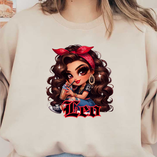 A stylish cartoon girl with curly hair and a red bandana, sipping a drink and showcasing a fun Leo theme.dtf regular iron