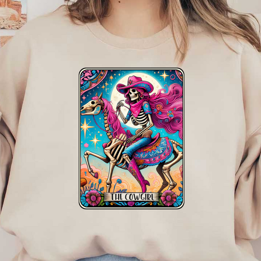 A vibrant depiction of a skeleton cowgirl riding a colorful horse, adorned with floral elements and a starry backdrop.dtf regular iron