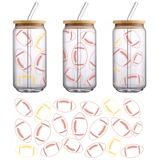 A colorful assortment of footballs in various orientations, featuring both traditional brown and vibrant yellow designs.UV Transfers dtf transfers