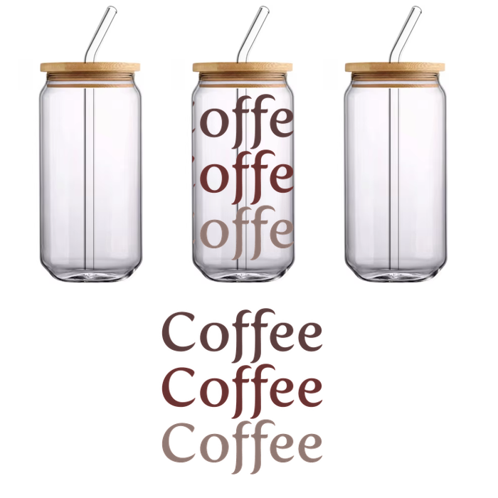 A playful design featuring the word "Coffee" in various fonts and shades, perfect for coffee lovers!UV Transfers heat press transfers