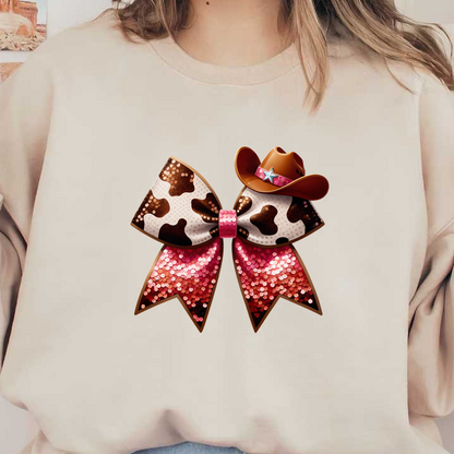 A fun and festive bow featuring cow print and a cowboy hat, adorned with sparkly pink sequins.DTF Transfers heat press transfers