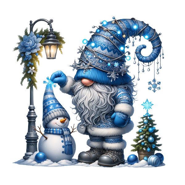 A whimsical blue-hatted gnome decorates a snowman and Christmas tree in a charming winter scene filled with festive lights.DTF Transfersdtf regular iron