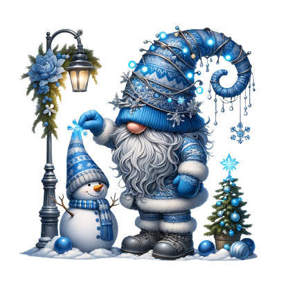 A whimsical blue-hatted gnome decorates a snowman and Christmas tree in a charming winter scene filled with festive lights.DTF Transfersdtf regular iron