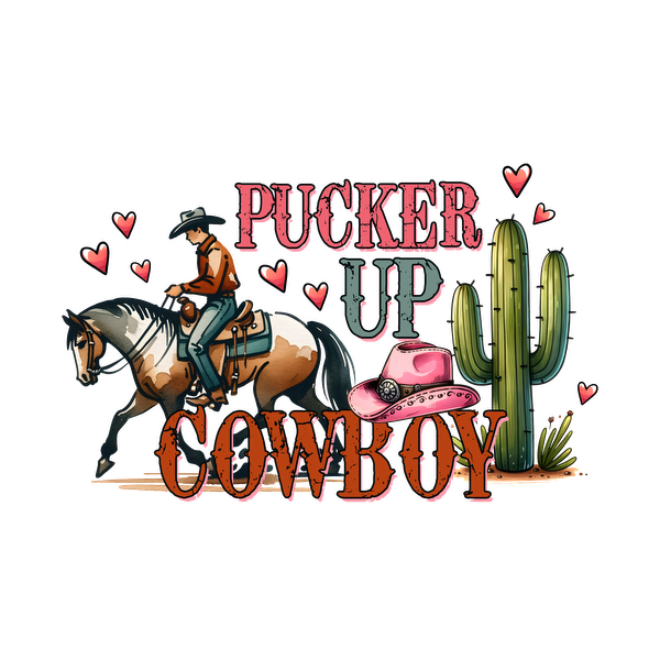 Un diseño de vaquero caprichoso que presenta un jinete a caballo, cactus, corazones y la divertida frase "Pucker Up Cowboy".