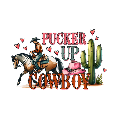 Un diseño de vaquero caprichoso que presenta un jinete a caballo, cactus, corazones y la divertida frase "Pucker Up Cowboy".