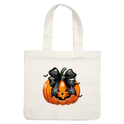 ¡Una calabaza naranja festiva con una cara espeluznante, adornada con un lazo negro y detalles de telaraña, perfecta para Halloween!