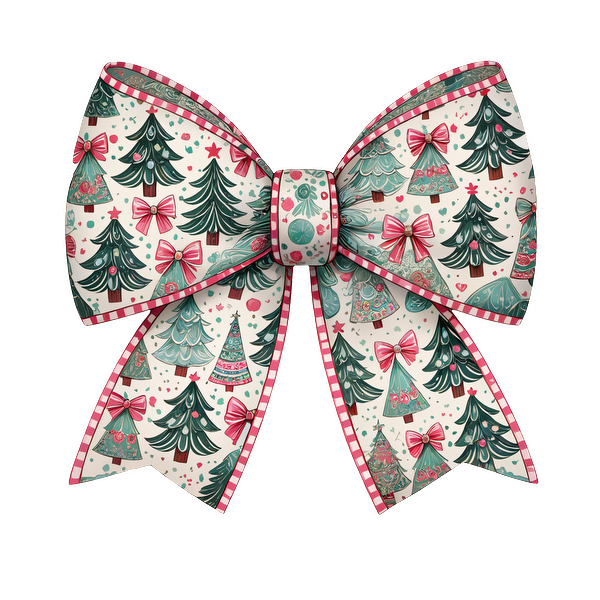 A festive Christmas bow adorned with a playful pattern of trees, ornaments, and ribbons, perfect for holiday decorations. heat press transfers