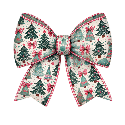 A festive Christmas bow adorned with a playful pattern of trees, ornaments, and ribbons, perfect for holiday decorations. heat press transfers