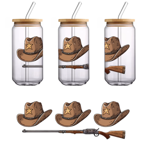 A classic cowboy ensemble featuring three brown hats with stars and a detailed vintage rifle, perfect for any western-themed setting.UV Transfers dtf prints