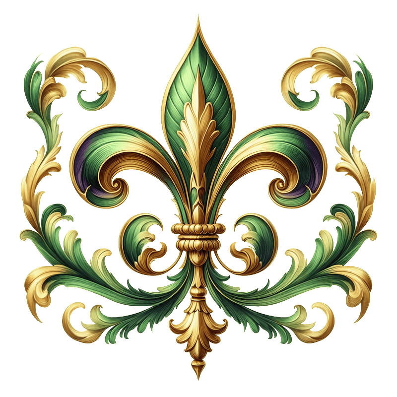 This decorative design features a lush green and gold fleur-de-lis surrounded by intricate swirls, showcasing elegant artistry.DTF Transfers