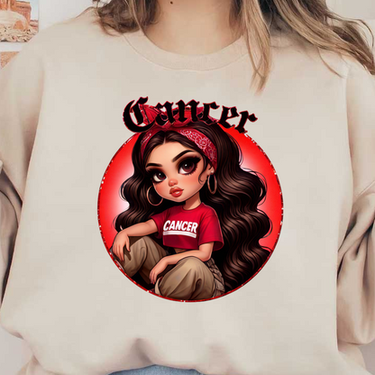 Una elegante ilustración de una chica con cabello largo, vestida con una camiseta roja con la palabra "CÁNCER" y un pañuelo, y que irradia confianza.