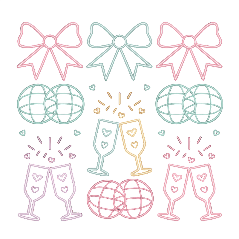 Festive vector design featuring playful champagne glasses, decorative bows, and globe motifs, perfect for celebrations and joyous occasions.DTF Transfers