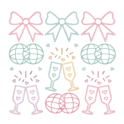 Festive vector design featuring playful champagne glasses, decorative bows, and globe motifs, perfect for celebrations and joyous occasions.DTF Transfers