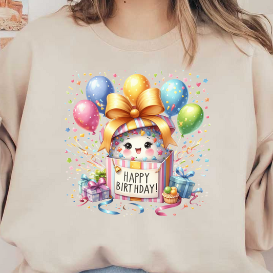 A cheerful birthday illustration featuring a smiling character inside a gift box, surrounded by colorful balloons and festive decorations.DTF Transfers