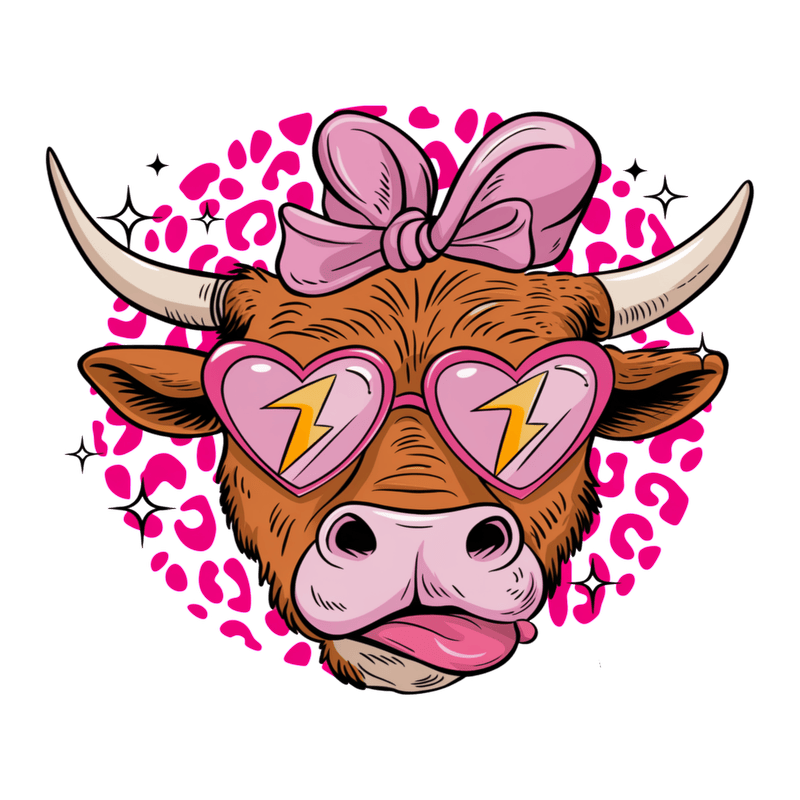 Cute cartoon cow wearing heart-shaped sunglasses with lightning bolts, topped with a pink bow, set against a vibrant pink background.DTF Transfers