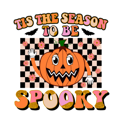 Celebrate Halloween with this playful graphic featuring a smiling jack-o'-lantern and the cheerful phrase "Tis the season to be spooky!" heat press transfers