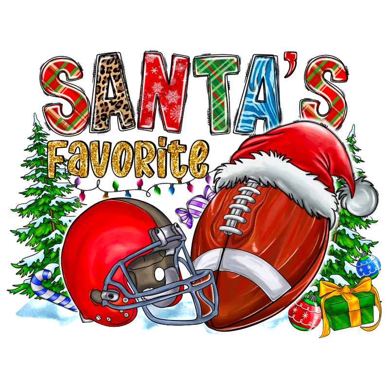 Festive and fun, this design features a football and helmet with "Santa's Favorite," perfect for holiday sports enthusiasts!DTF Transfersdtf regular iron