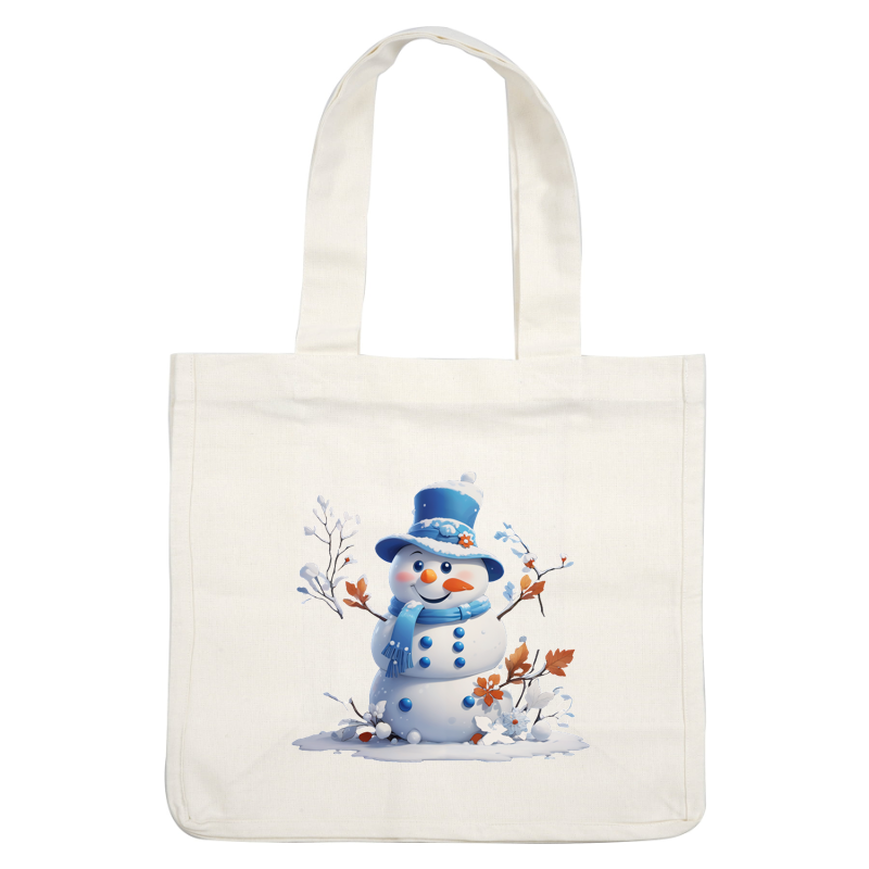 Cheerful snowman adorned with a blue hat and scarf, surrounded by winter foliage and flowers, perfect for festive cheer!DTF Transfers dtf prints