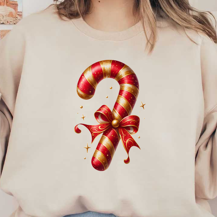 A festive red and gold candy cane adorned with a decorative bow, perfect for holiday cheer! dtf prints