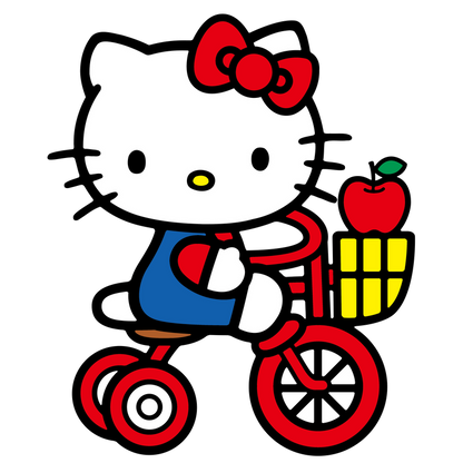 Hello Kitty rides a vibrant red tricycle, wearing a blue dress with a heart, complete with a basket holding an apple.DTF Transfers