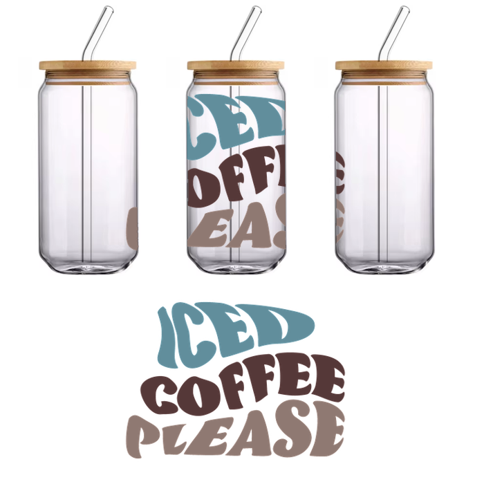 A playful design featuring the phrase "Iced Coffee Please" in vibrant, stylized lettering. Perfect for coffee lovers!UV Transfersdtf regular iron