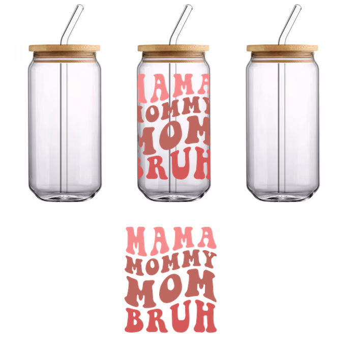 A playful design featuring various terms for "mom" with a funky, retro font in warm colors.UV Transfers heat press transfers