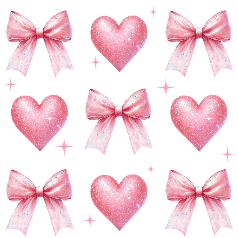 A playful pattern featuring sparkling pink hearts and elegant bows, perfect for adding a touch of whimsy to your designs!DTF Transfers