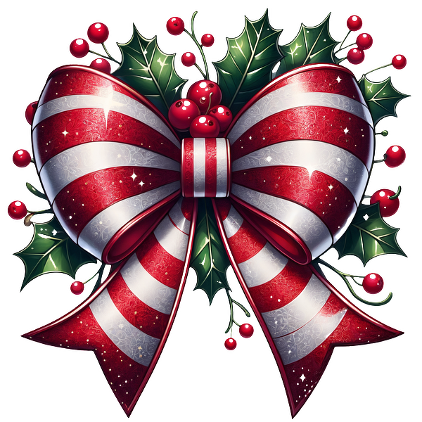 A festive red and white striped bow adorned with holly leaves and berries, perfect for holiday decorations. dtf prints