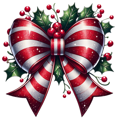 A festive red and white striped bow adorned with holly leaves and berries, perfect for holiday decorations. dtf prints