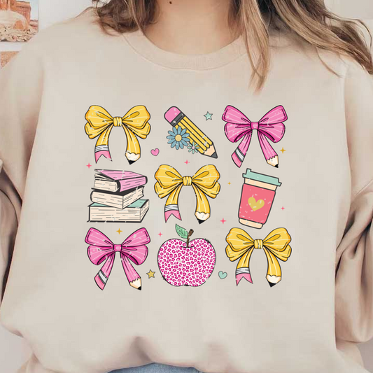 A delightful collection of colorful bows, books, and school-themed items including a leopard-print apple and a coffee cup.DTF Transfers