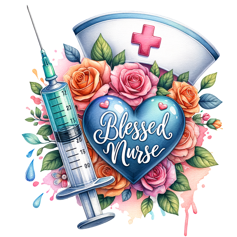 A vibrant design featuring a syringe, nurse's cap, and colorful roses, celebrating the heartfelt message "Blessed Nurse."DTF Transfers