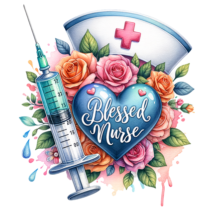 A vibrant design featuring a syringe, nurse's cap, and colorful roses, celebrating the heartfelt message "Blessed Nurse."DTF Transfers