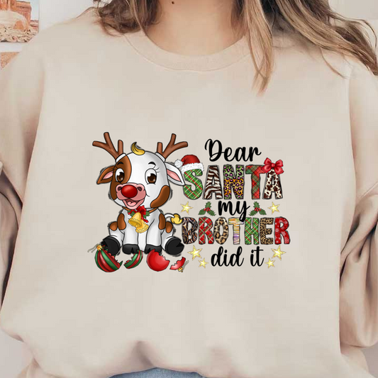 A cute cartoon cow wearing a Santa hat and bell, surrounded by festive decorations, alongside playful text reading "Santa Brother."DTF Transfers dtf transfers heat press transfers