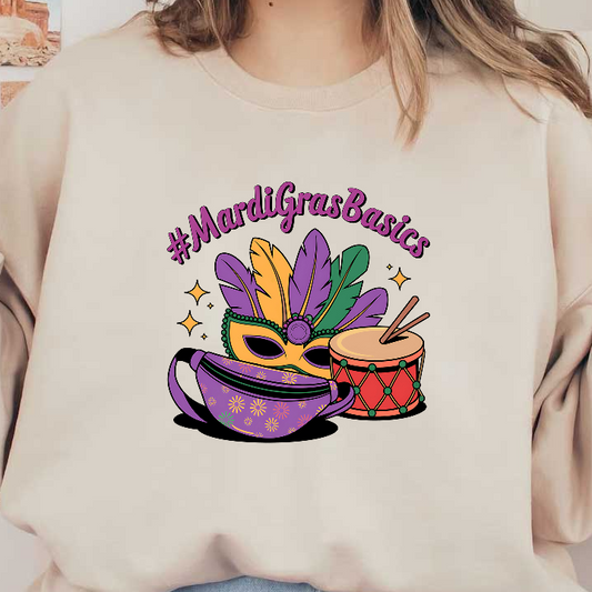 Celebrate Mardi Gras with this colorful design featuring a festive mask, drum, and a stylish fanny pack, all emblazoned with #MardiGrasBasics!DTF Transfers