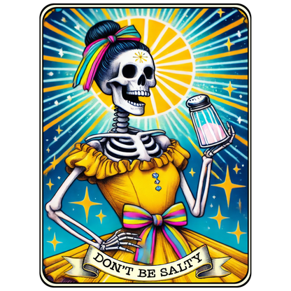 A vibrant, whimsical illustration of a skeleton woman in a yellow dress, holding a salt shaker with the phrase "Don't Be Salty."dtf regular iron