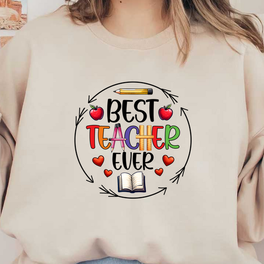 Celebrate teachers with this vibrant design featuring colorful letters, apples, hearts, a pencil, and an open book!DTF Transfers