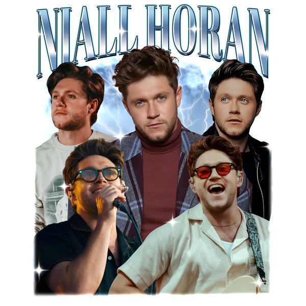 A colorful collage featuring Niall Horan showcasing various looks and performances, celebrating his musical journey and style.DTF Transfers heat press transfers