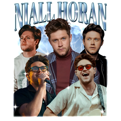 A colorful collage featuring Niall Horan showcasing various looks and performances, celebrating his musical journey and style.DTF Transfers heat press transfers