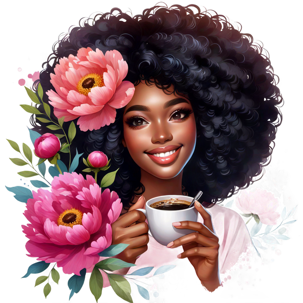 Una mujer alegre con un hermoso cabello rizado sostiene una taza de café, rodeada de vibrantes flores rosas, que irradian alegría y calidez.