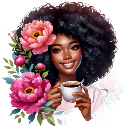 Una mujer alegre con un hermoso cabello rizado sostiene una taza de café, rodeada de vibrantes flores rosas, que irradian alegría y calidez.