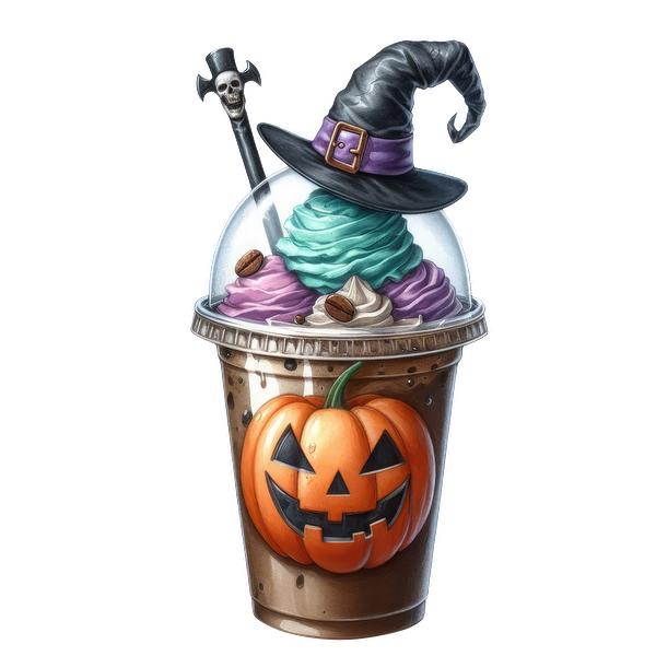 Una extravagante bebida de helado con temática de Halloween que presenta remolinos de colores, un sombrero de bruja y un diseño de calabaza tallada.