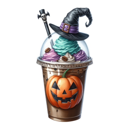 Una extravagante bebida de helado con temática de Halloween que presenta remolinos de colores, un sombrero de bruja y un diseño de calabaza tallada.