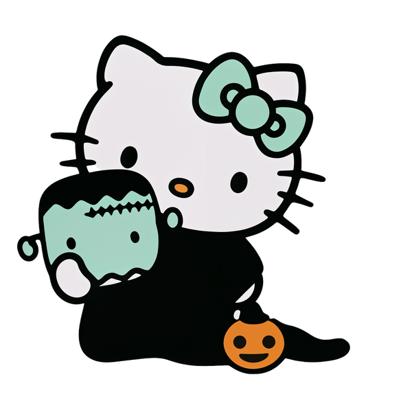 Hello Kitty cuddles a cute Frankenstein in a Halloween-themed design, featuring playful colors and festive elements.DTF Transfersdtf regular iron