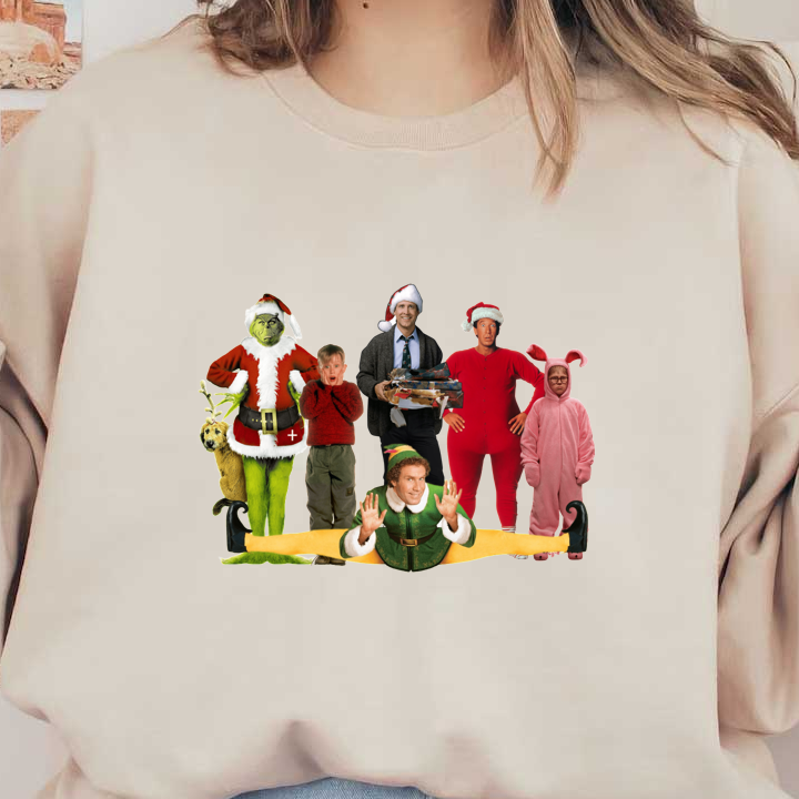 A festive group dressed in iconic holiday costumes, featuring a whimsical Grinch, cheerful Santa, and various playful characters.DTF Transfers dtf transfersdtf regular iron